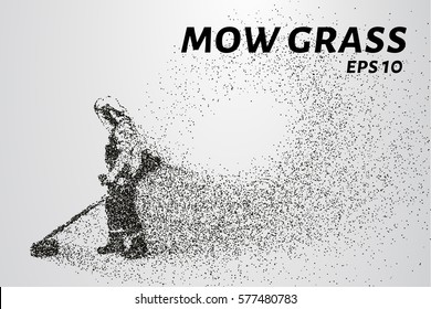 Mowing the grass from the particles. Silhouette mows the grass consists of dots and circles. Vector illustration.
