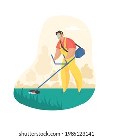 Mowing grass with trimer. Man in uniform smoothing grass with electric scythe Service for maintenance parks and gardens. Face shield and earmuffs. Vector flat illustration isolated