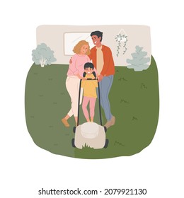 Mowing the lawn isolated cartoon vector illustration. Parent and child holding grass-cutter together, family mowing the lawn on backyard, household routine, working outdoor cartoon vector.