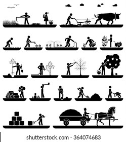 Mowing, plowing, planting, watering, pruning trees, digging, chopping wood, baling hay, collecting crops, transporting with horse drawn wagon. Agriculture icons.