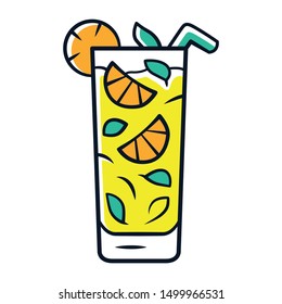 Moxito color icon. Mojito cocktail in highball glass slice of citrus and straw. Mixed drink with mint and lemon. Refreshing alcohol drink for party. Isolated vector illustration