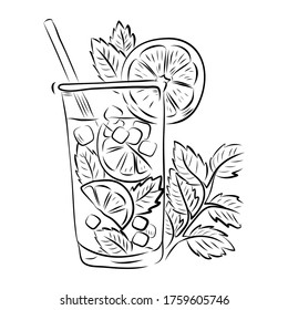 Moxito linear icon. Mojito cocktail in highball glass slice of citrus and straw. Mixed drink with mint, lemon. Thin line illustration. Contour symbol. Vector isolated outline drawing