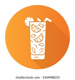 Moxito orange flat design long shadow glyph icon. Mojito cocktail in highball glass slice of citrus and straw. Mixed Refreshing alcohol drink with mint and lemon. Vector silhouette illustration