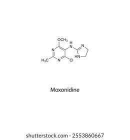 Moxonidine flat skeletal molecular structure Alpha-2 Agonist drug used in hypertension treatment. Vector illustration scientific diagram.