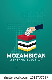 Mozambican general election hand putting vote in ballot box on dotted map vector poster