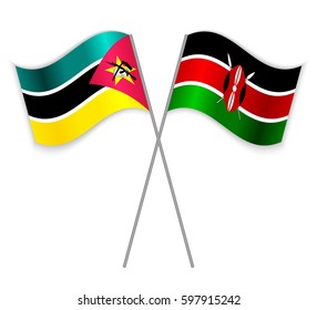 Mozambican and Kenyan crossed flags. Mozambique combined with Kenya isolated on white. Language learning, international business or travel concept.