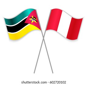 Mozambican and Peruvian crossed flags. Mozambique combined with Peru isolated on white. Language learning, international business or travel concept.