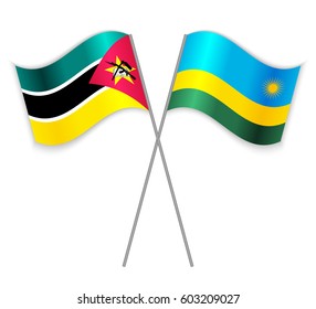 Mozambican and Rwandan crossed flags. Mozambique combined with Rwanda isolated on white. Language learning, international business or travel concept.