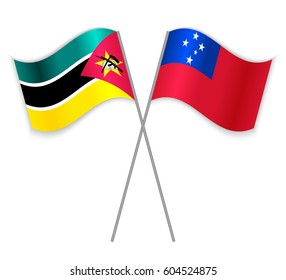 Mozambican and Samoan crossed flags. Mozambique combined with Samoa isolated on white. Language learning, international business or travel concept.