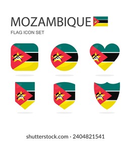 Mozambique 3d flag icons of 6 shapes all isolated on white background.