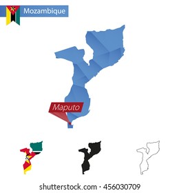 Mozambique blue Low Poly map with capital Maputo, versions with flag, black and outline. Vector Illustration.