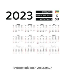 Mozambique Calendar 2023. Week starts from Sunday. Vector graphic design. Portuguese language.