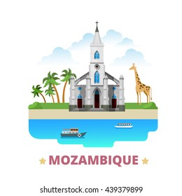 Mozambique country fridge magnet design template. Flat cartoon style historic sight showplace web site vector illustration. World vacation travel sightseeing Africa African collection. Beira Cathedral