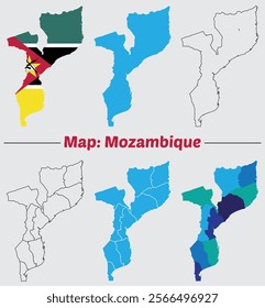 Mozambique country map set. internal provinces borders marked, Simple map of Mozambique vector drawing, Filled and outline.