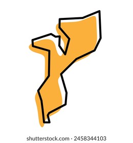 Mozambique country simplified map. Orange silhouette with thick black sharp contour outline isolated on white background. Simple vector icon