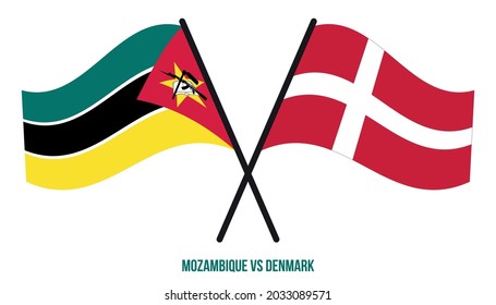 Mozambique and Denmark Flags Crossed And Waving Flat Style. Official Proportion. Correct Colors.