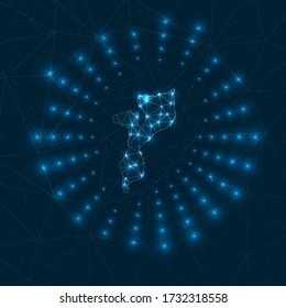 Mozambique digital map. Glowing rays radiating from the country. Network connections and telecommunication design. Vector illustration.