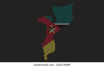 Bandera del mapa de Mozambique con textura de color gris en el estilo de un punto mosaico. Ilustración de vector píxel abstracto de un mapa de país con efecto de semitono para infografía. 