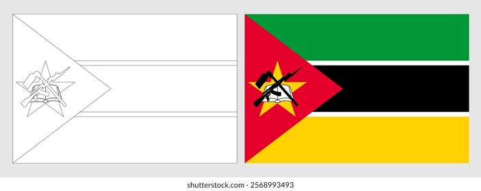 Mozambique flag - coloring page. Set of white wireframe thin black outline flag and original colored flag.