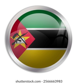 Mozambique flag - glossy circle button displays a colorful flag representing a country cultural identity and heritage. The essence of national pride and unity.