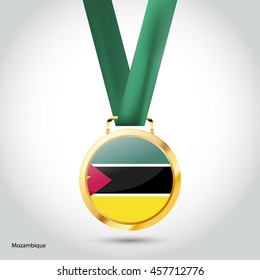 Mozambique Flag in gold Medal. Vector Illustration. RIO Olympic Game gold Medal. Vector Illustration