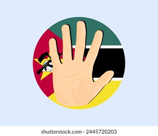 Bandera de Mozambique con señal de stop en la mano, protesta e idea de derechos humanos, diseño de Vector, protesta en Mozambique, restricción o emblema prohibido, violación de la libertad de expresión, detener la guerra