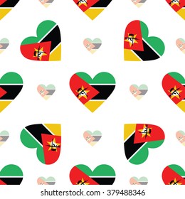 Mozambique flag heart seamless pattern. Patriotic Mozambique flag background. Country flag in the shape of heart. Vector seamless pattern.