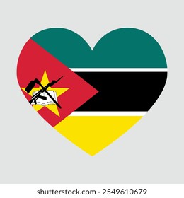 Bandera de Mozambique en forma de corazón, símbolo de amor. banderas en forma de corazón de países del continente africano. Ilustración vectorial