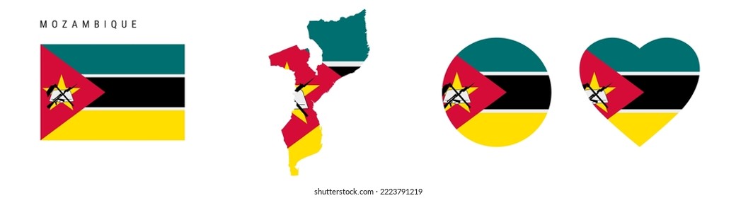 Mozambique flag icon set. Mozambican pennant in official colors and proportions. Rectangular, map-shaped, circle and heart-shaped. Flat vector illustration isolated on white.