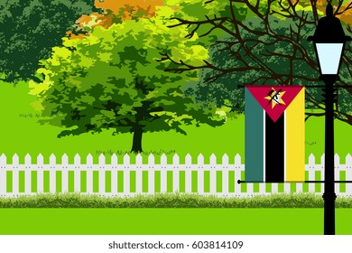 Mozambique Flag, Landscape of Park, Trees, Fence wooden and Street light Vector Illustration 