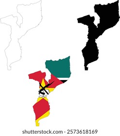 Mozambique flag map on white background. Outline map of Mozambique. Mozambique vector map silhouette. flat style.