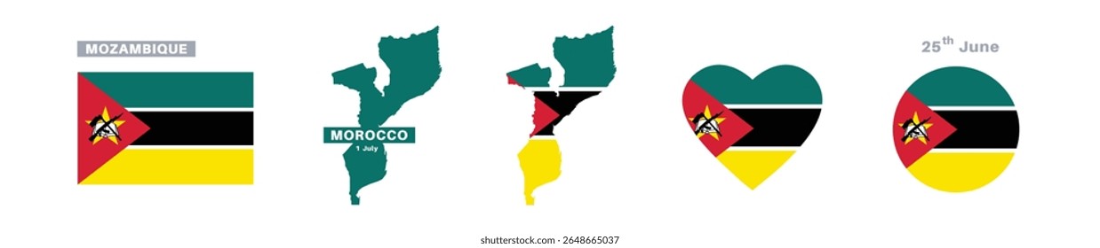 mozambique flag and map set. mozambique flag in official colors and proportions. independence day 25 february , map, circle and heart shaped mozambique