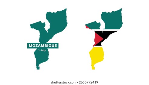 mozambique flag and map set. mozambique flag in official colors and proportions. independence day february 25 , map, circle and heart shaped mozambique