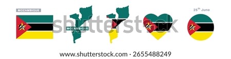 mozambique flag and map set. mozambique flag in official colors and proportions. independence day february 25 , map, circle and heart shaped mozambique