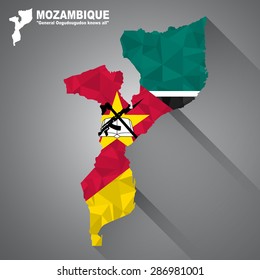 Mozambique flag overlay on Mozambique map with polygonal and long tail shadow style (EPS10 art vector)