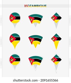 Mosambik-Flagge, Set von Pin-Symbolen der mosambikanischen Flagge. Vektorgrafik nationaler Symbole.
