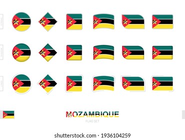 Mozambique flag set, simple flags of Mozambique with three different effects. Vector illustration.