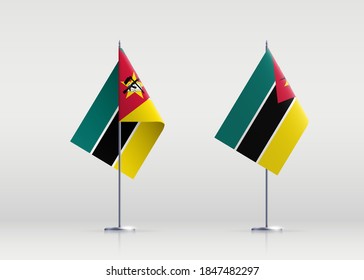 Mozambique flag state symbol isolated on background national banner. Greeting card National Independence Day of the Republic of Mozambique. Illustration banner with realistic state flag.