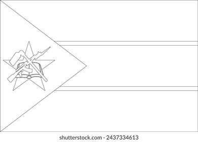 Mozambique flag - thin black vector outline wireframe isolated on white background. Ready for colouring.