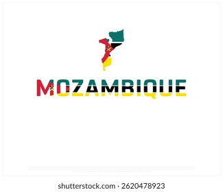 Bandeira de MOÇAMBIQUE Tipografia com bandeira de mapa em um fundo branco, Projeto vetorial da bandeira de MOÇAMBIQUE, Mapa de MOÇAMBIQUE, Projeto do Dia Nacional, Projeto do Dia de MOÇAMBIQUE