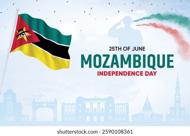 Mozambique Flag Waving On Skyline Background. Independence Day Concept Design Vector Illustration.