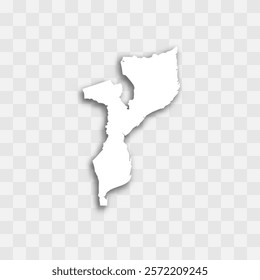 Mozambique high detailed vector representation of country silhouette. White color on transparent background with dropped shadow. For educational, decorative, or informational use.