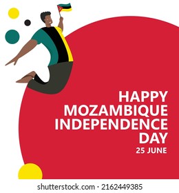 Día de la Independencia de Mozambique, ilustración vectorial de un hombre saltando y sosteniendo la bandera nacional. Festividades y festivales públicos en el país africano.