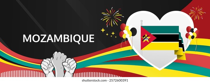 Mozambique Independence Day modern greeting banner. 25th June Happy National Day. Holidays abstract concept in flag colors. Great for event like carnival, feast poster, support, culture and tourism