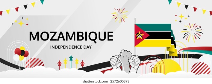 Mozambique Independence Day modern greeting banner. 25th June Happy National Day. Holidays abstract concept in flag colors. Great for event like carnival, feast poster, support, culture and tourism