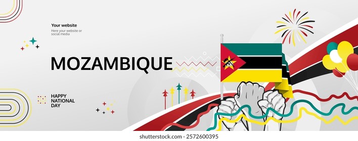 Mozambique Independence Day modern greeting banner. 25th June Happy National Day. Holidays abstract concept in flag colors. Great for event like carnival, feast poster, support, culture and tourism