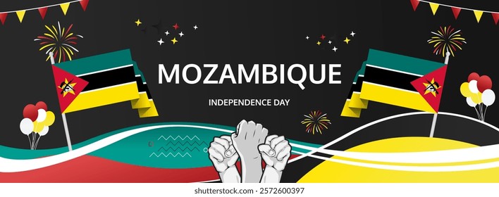 Mozambique Independence Day modern greeting banner. 25th June Happy National Day. Holidays abstract concept in flag colors. Great for event like carnival, feast poster, support, culture and tourism