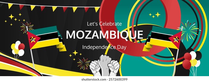 Mozambique Independence Day modern greeting banner. 25th June Happy National Day. Holidays abstract concept in flag colors. Great for event like carnival, feast poster, support, culture and tourism