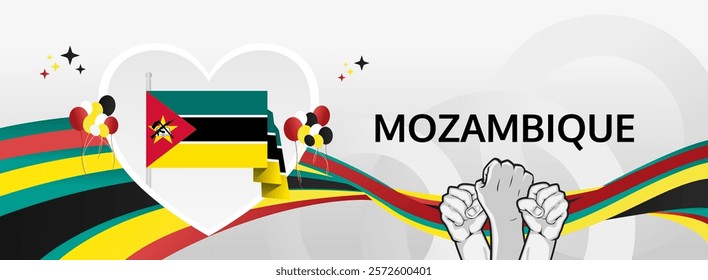 Mozambique Independence Day modern greeting banner. 25th June Happy National Day. Holidays abstract concept in flag colors. Great for event like carnival, feast poster, support, culture and tourism