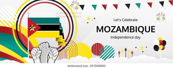 Mozambique Independence Day modern greeting banner. 25th June Happy National Day. Holidays abstract concept in flag colors. Great for event like carnival, feast poster, support, culture and tourism